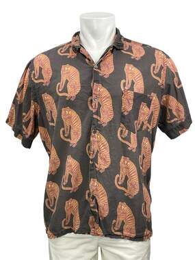 Desmond & Dempsey Mens Multicolor Tiger Graphic Short Sleeve Button Down Shirt L
